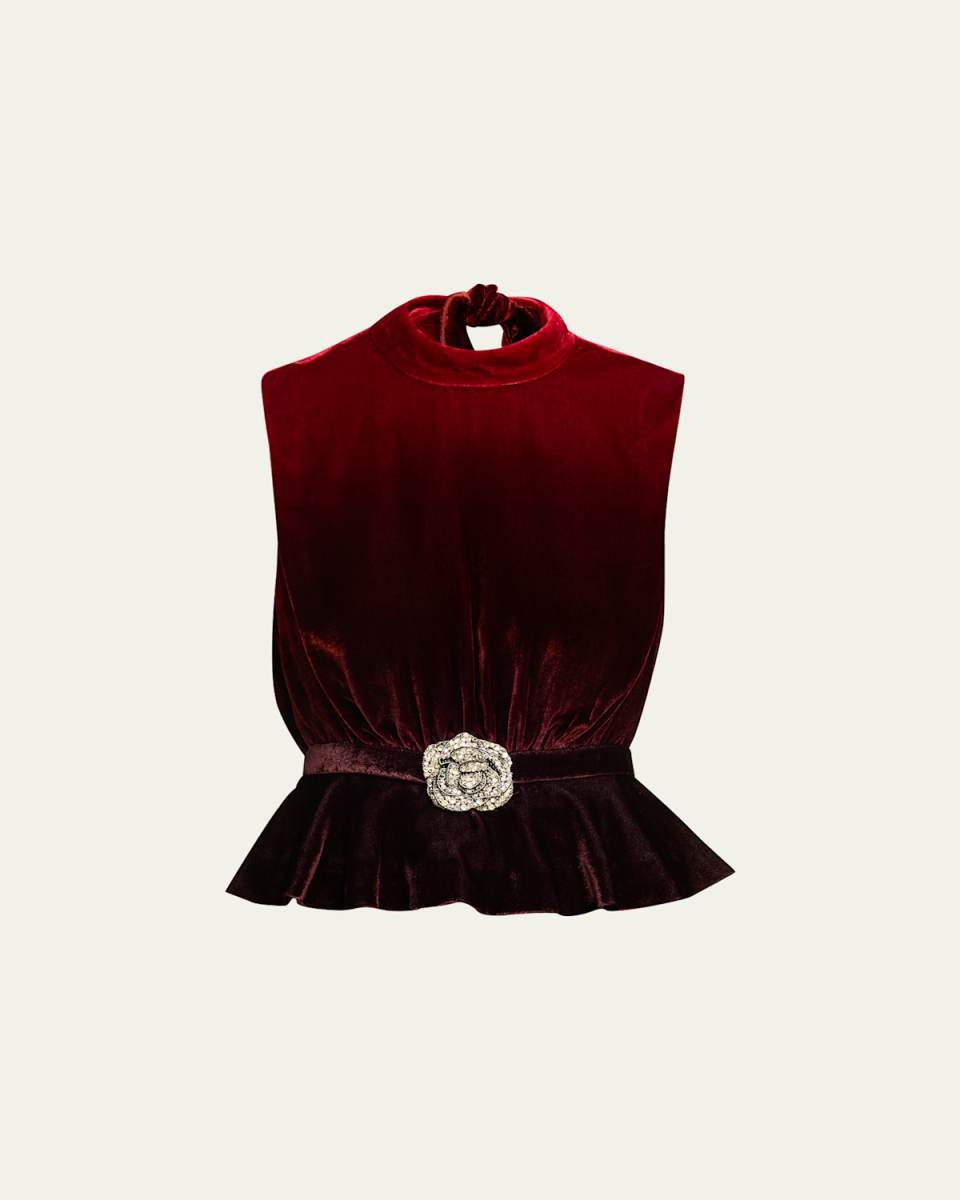 Fleur Belted High-Neck Velvet Top